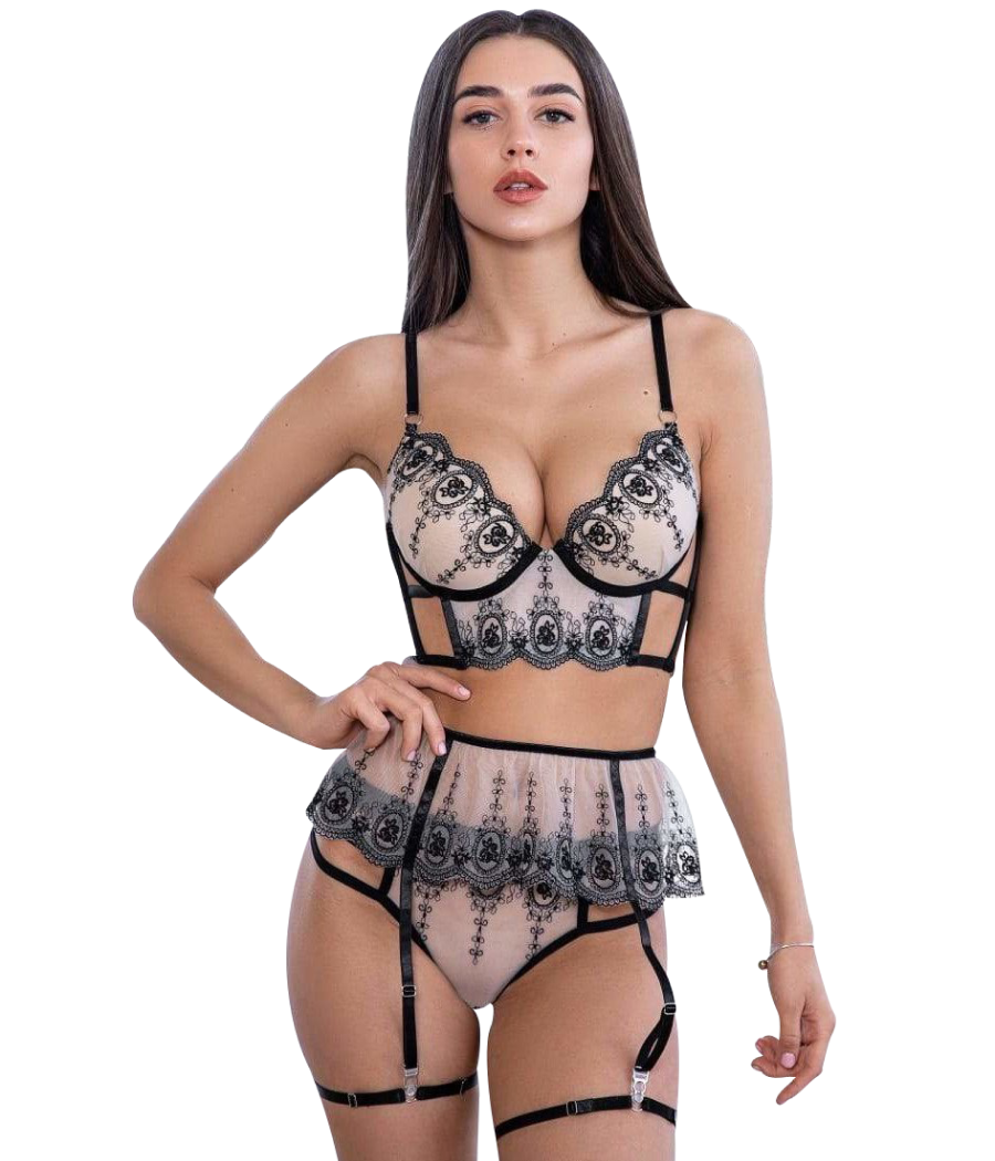 Beige Lace Lingerie Set With Belt And Straps