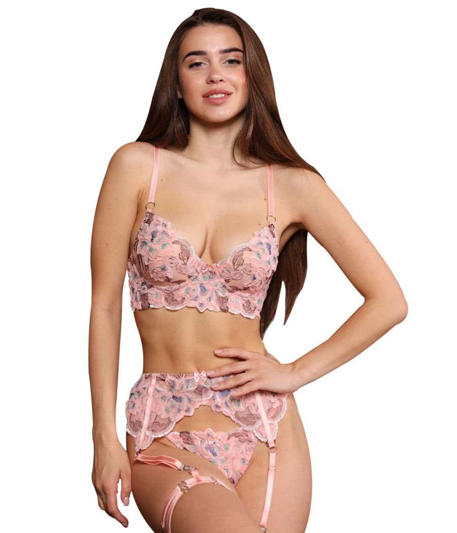 Pink Push Up Lace Lingerie With Belt